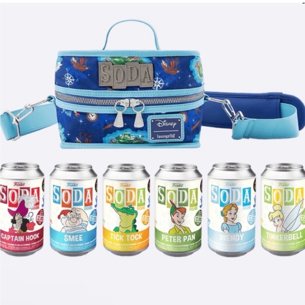 Funko Loungefly Disney Soda Crossbody Bag, w/ set of 6 Peter Pan Can figures.